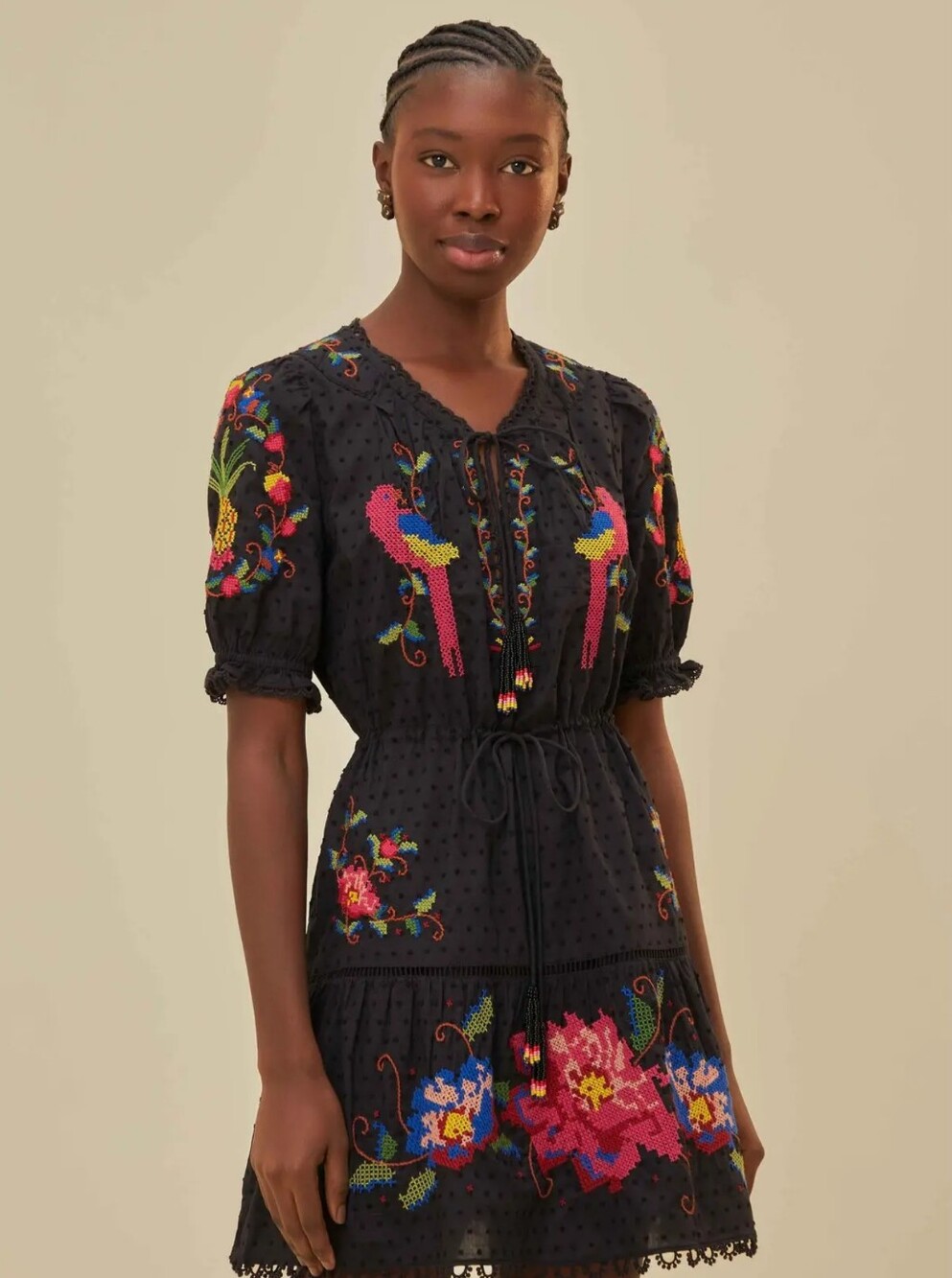 Farm RIO Black Embroidered Floral Pixel Mini Dress Size S NWT New